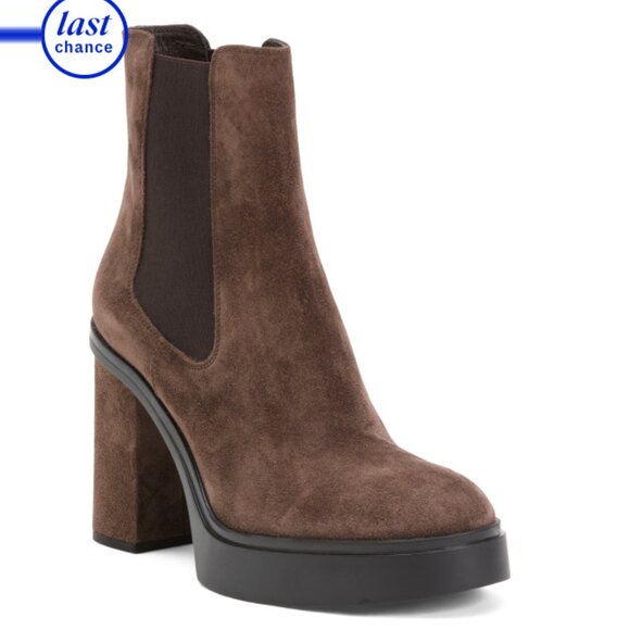 SANTONI Brown Made In Italy Suede Heeled Chelsea Booties - Picture 1 of 2